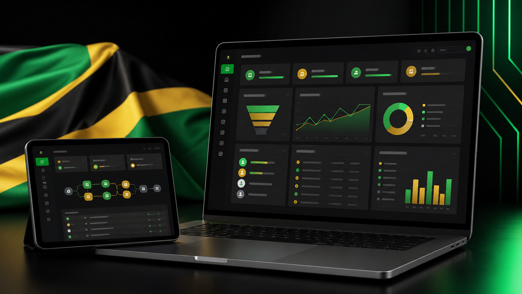 AI agency dashboard mockup in Jamaican flag colors